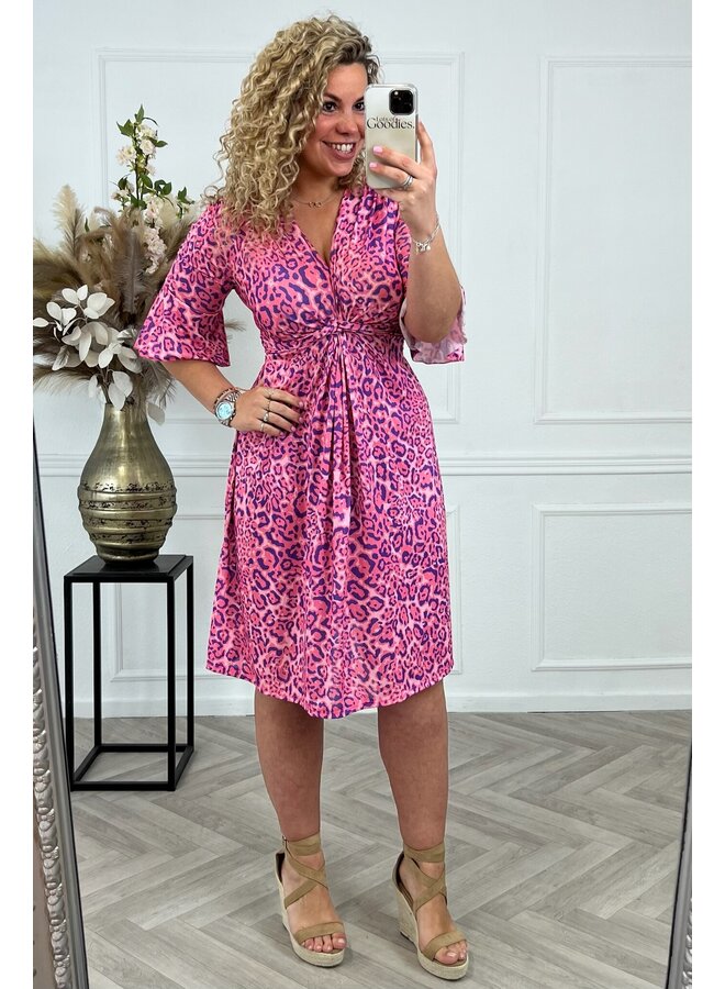 Curvy Short Knotted Leopard Dress - Pink/Purple