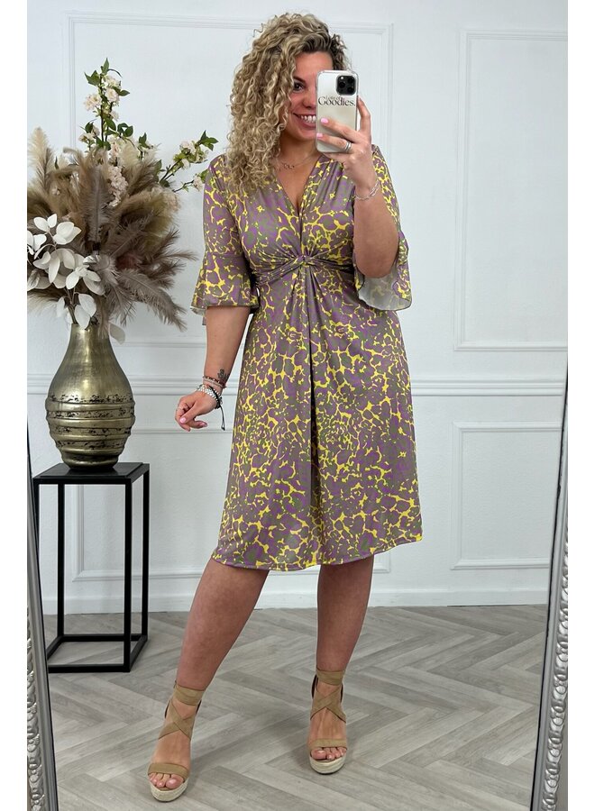 Curvy Short Knotted Leopard Dress - Purple/Oker