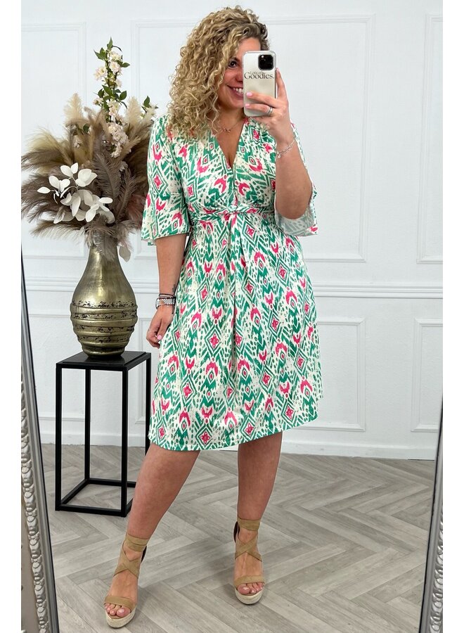 Curvy Short Knotted Amber Dress - Green/Pink