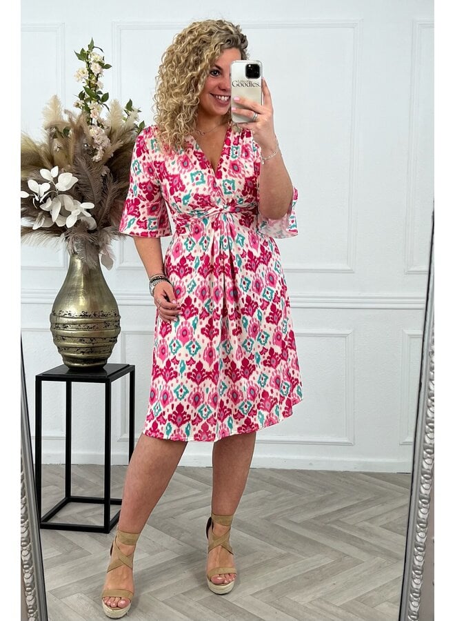 Curvy Short Knotted Nina Dress - Pink/Turquoise