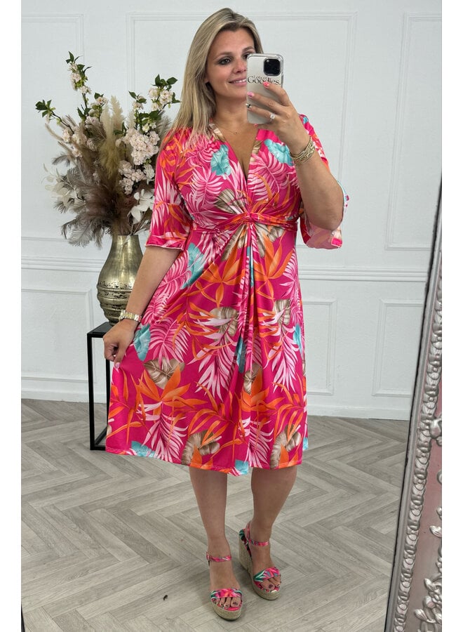 Curvy Short Knotted Palm Leaves Dress - Fuchsia/Orange/Blue