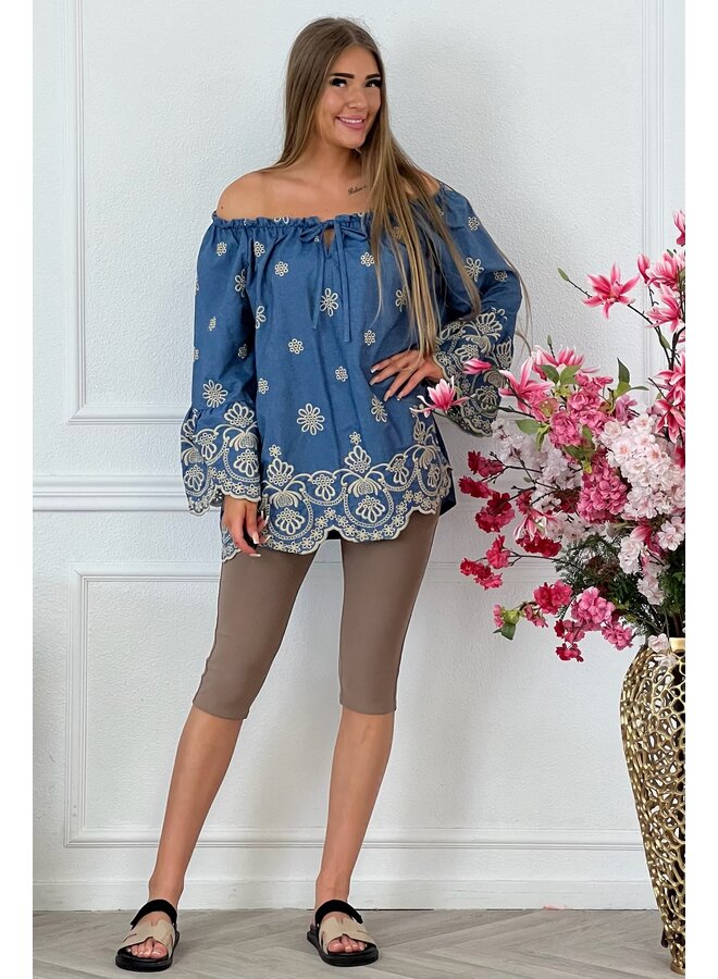 Off Shoulder Broderie Blouse - Denim