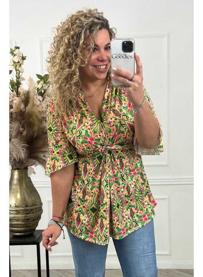 Curvy Knotted Aztec Top - Green/Yellow