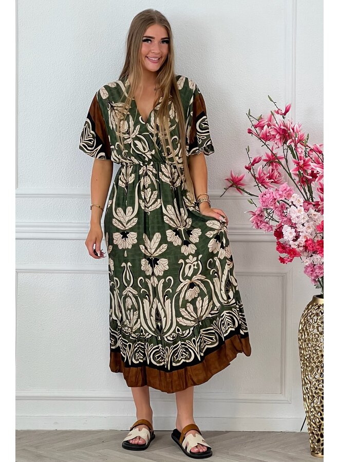 Curvy Leaves Dress - Armygreen/Beige