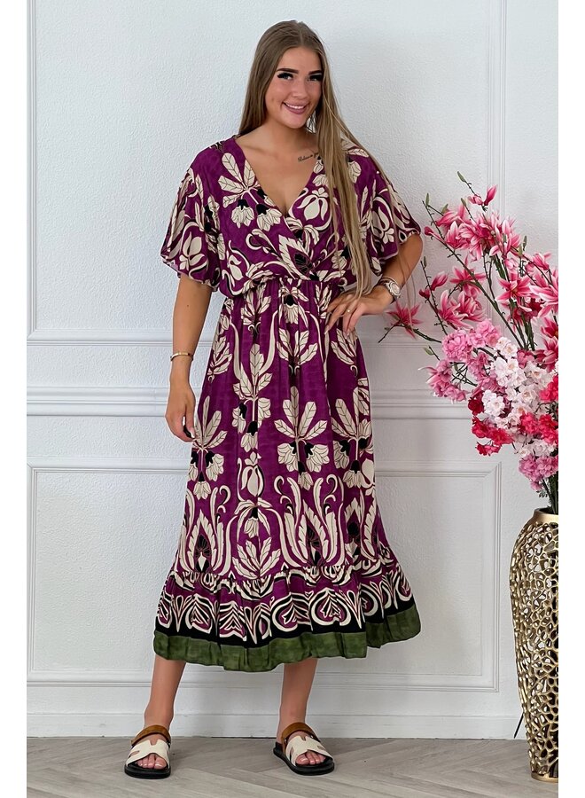 Curvy Leaves Dress - Magenta/Beige