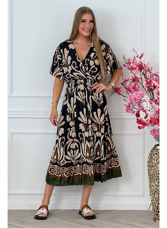 Curvy Leaves Dress - Black/Camel/Green