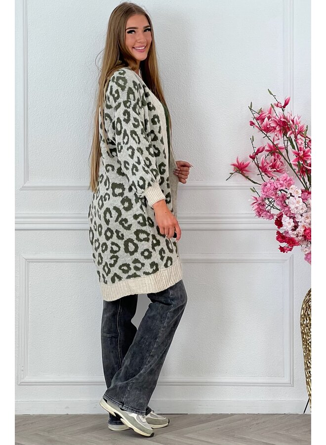 Long Mia Leopard Vest - Beige/Armygreen