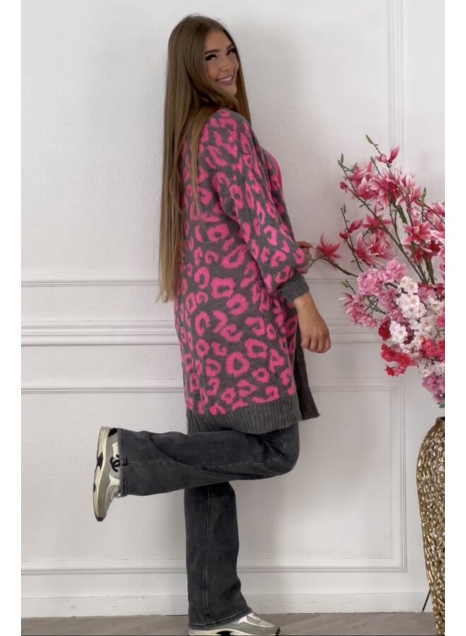 Long Mia Leopard Vest - Grey/Pink