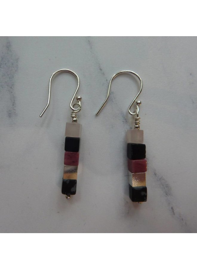 Silver, mixed cubes with rose quartz and rhodonite drop earrings