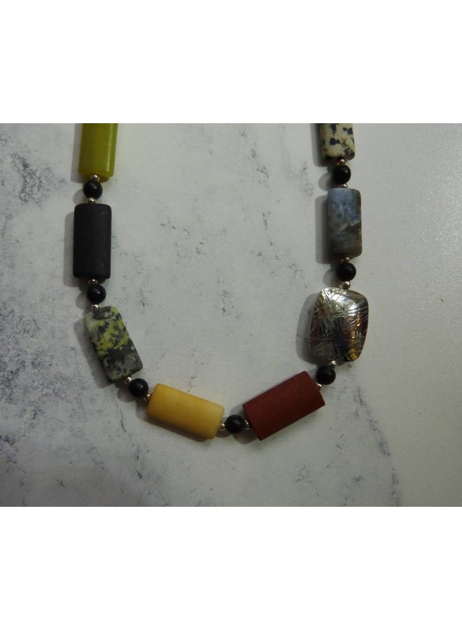 Lozenge mixed gemstones and silver necklace 07