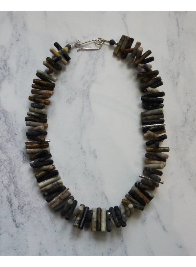 Spiky Cylinder Picasso Jasper and silver necklace