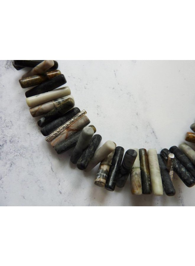 Spiky Cylinder Picasso Jasper and silver necklace