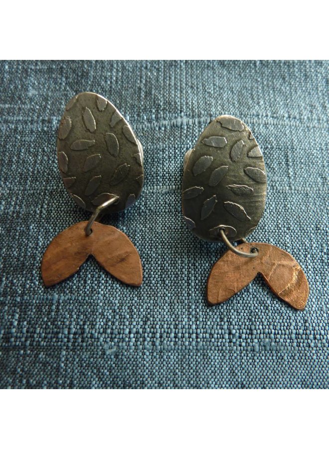 Silver etched  &  copper stud earrings