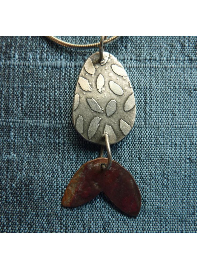 Disc leaves etched silver & red copper necklace