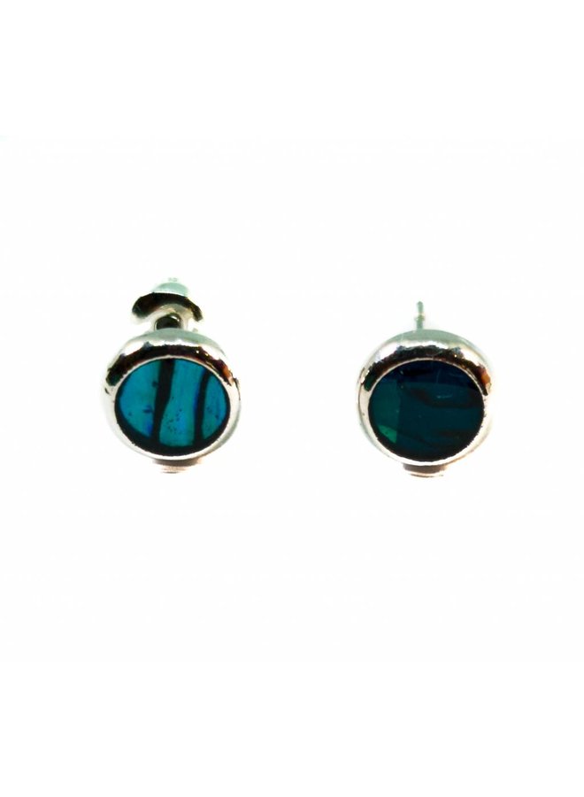 Round Blue Inlaid Paua shell  Stud Earrings 603E