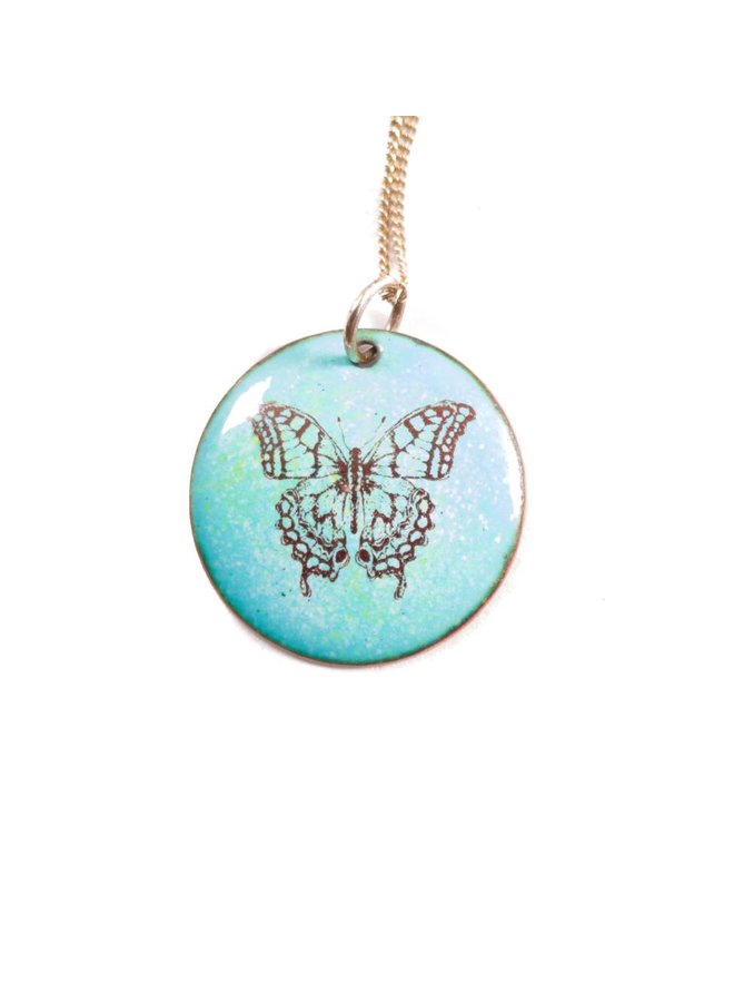 Circle butterfly enamel copper blue Necklace