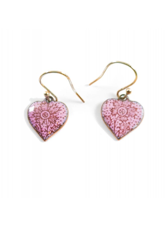 Heart enamel copper pink earrings