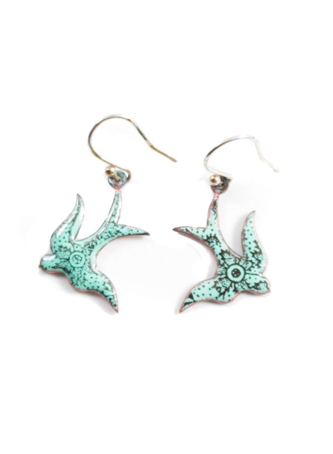 Green swallow enamel copper earrings