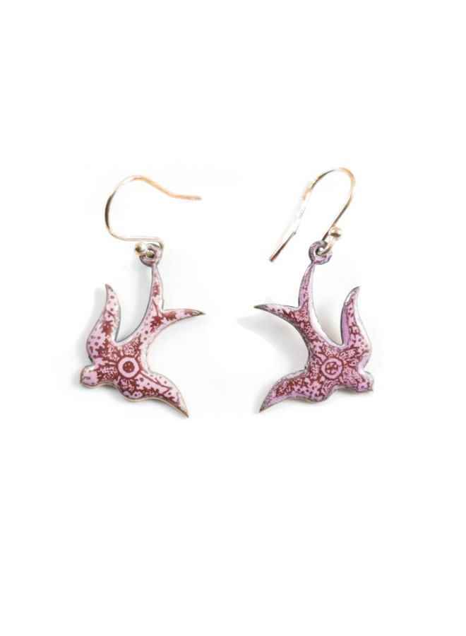 Purple swallow enamel copper earrings
