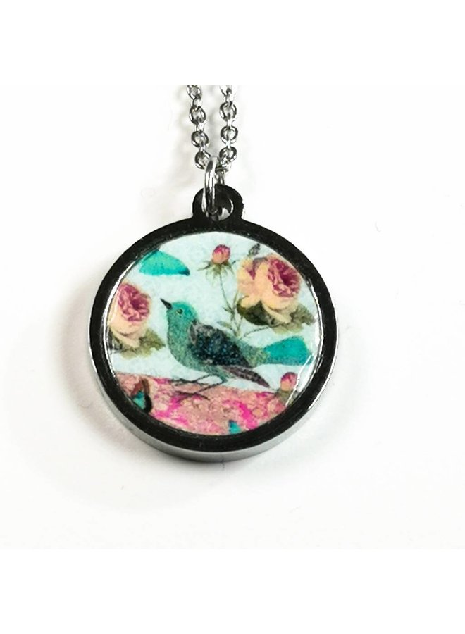 Bird and rose round stainless steel & walnut necklace