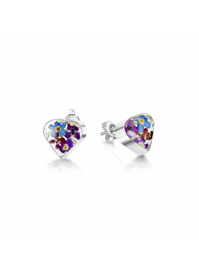 Heart studs mixed purple haze flower silver 01