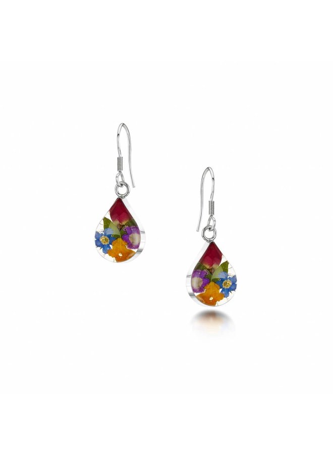 Teardrop mixed real flower drop earrings silver 92