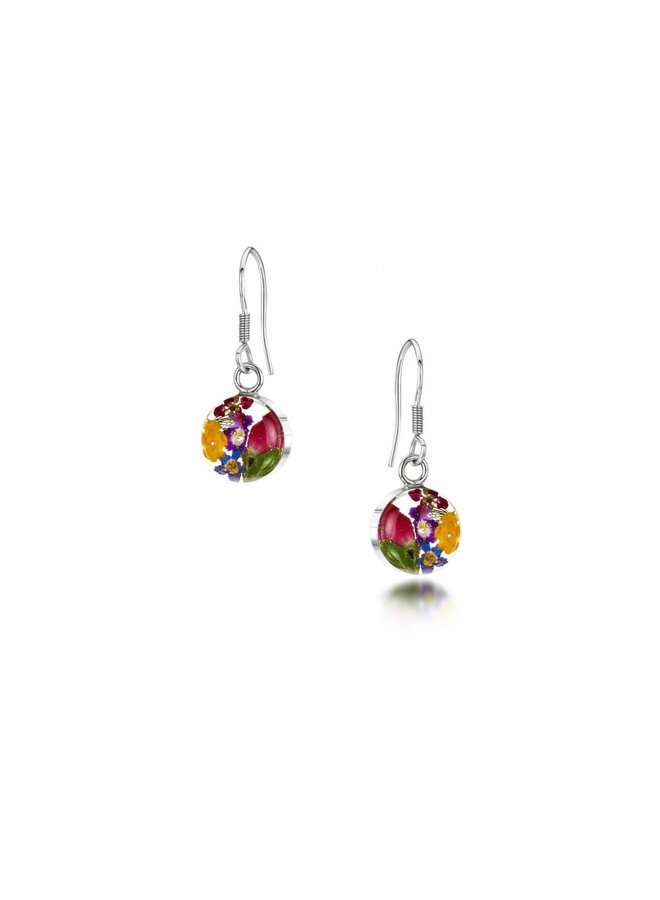 Round small mixed flower with yel. drop earrings silver 095