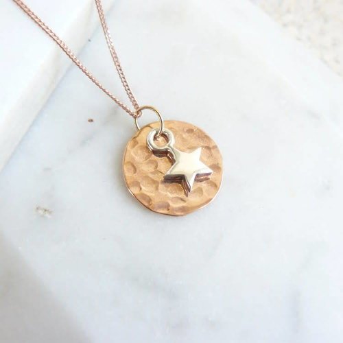 Lime Tree Design Hammered rose gold vermeil disc and silver star necklace Lime Tree Design Hammered rose gold vermeil disc and silver star necklace