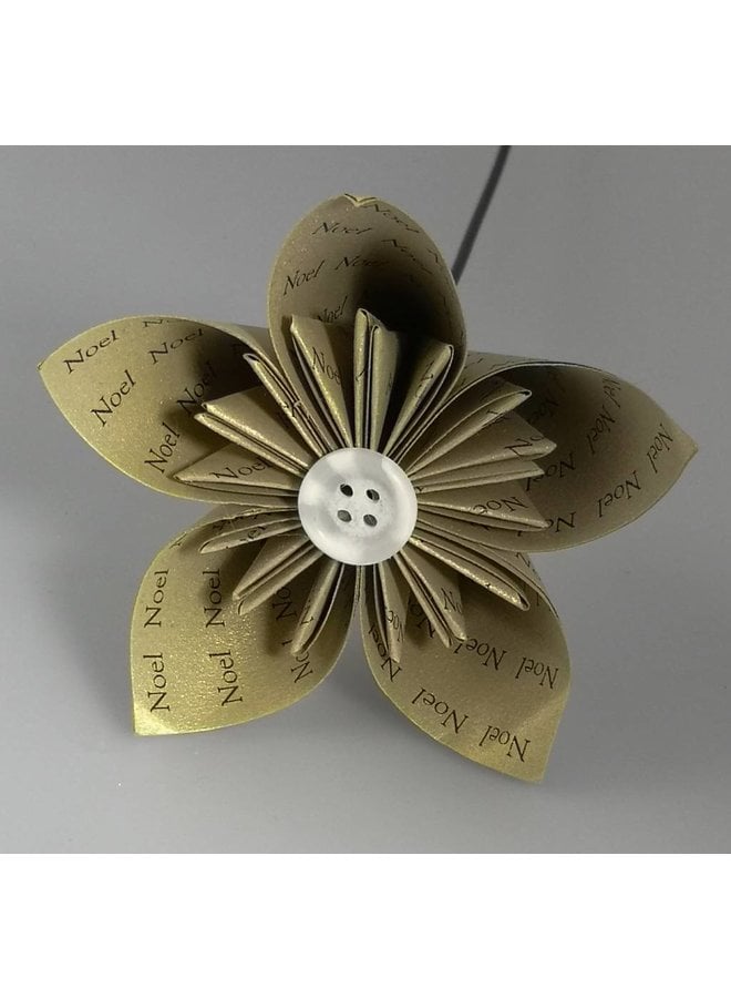 Noel gold paper flower with stem and button 34