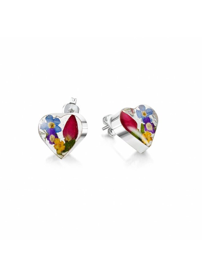 Heart mixed real flower stud earrings silver 012
