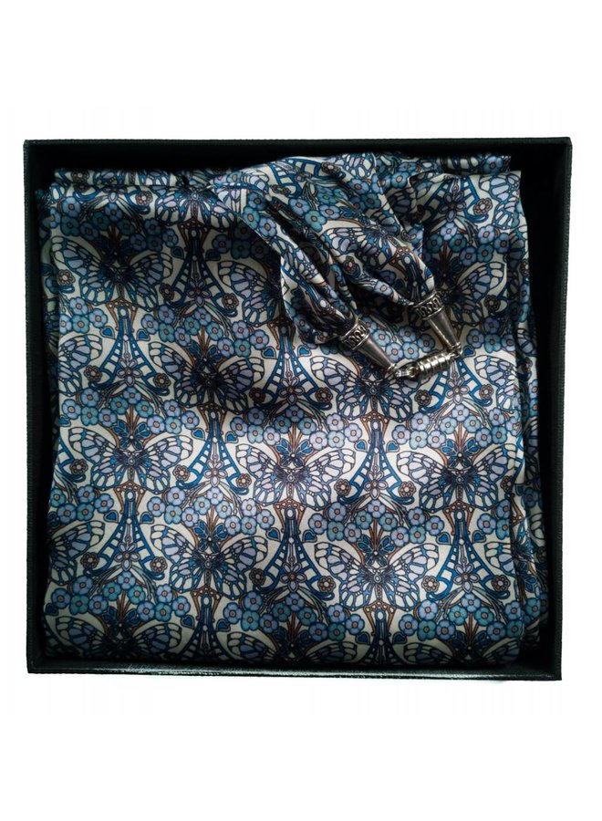 Blue Morris Satin and Silk Scarf  with magnetic clasp Boxed