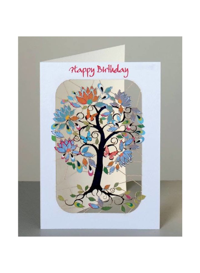 Feliz cumpleaños árbol exótico, ramas rizadas Tarjeta de corte láser