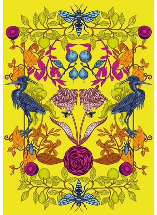 Yellow Birds and Flowers blank card by Michael Cailloux