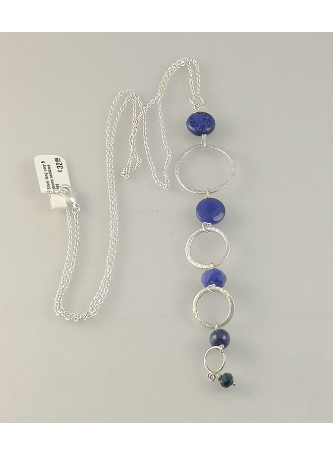 Silver long navy 5 stones  necklace 068