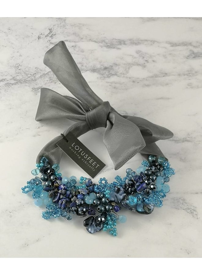 Blue crystal bead satin tie necklace 052
