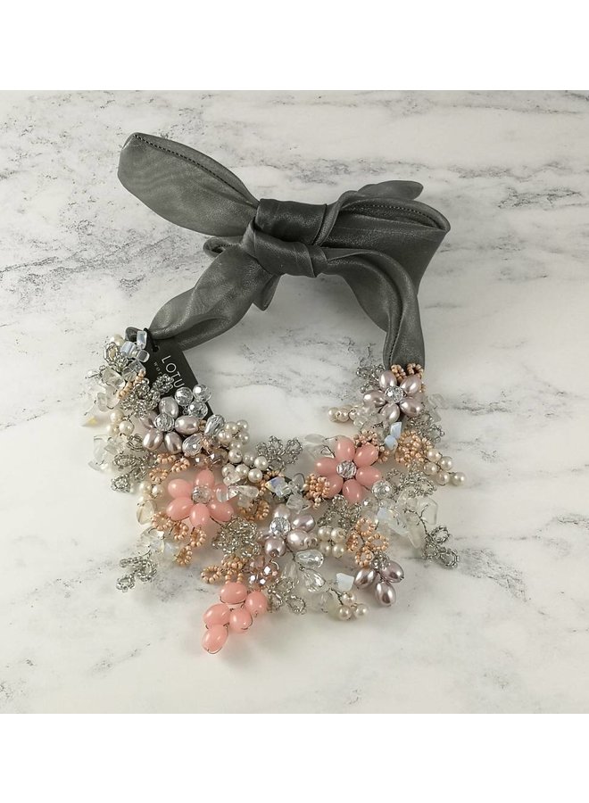Pink beaded satin tie necklace 050