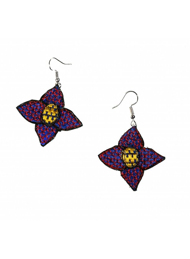 Flower purple embroidered  drop earrings 028
