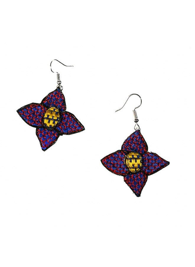 Flower purple embroidered drop earrings 028