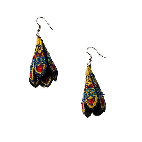 Laura Marriott Peacock yellow embroidered drop earrings 033 Laura Marriott Peacock yellow embroidered drop earrings 033