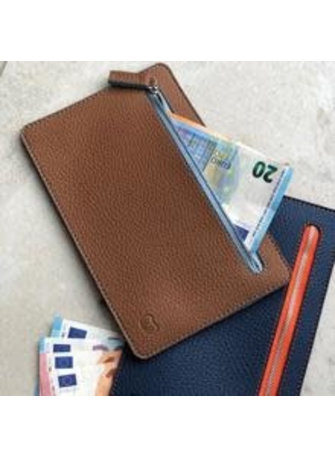 Multi currency vegan tan and blue wallet 008