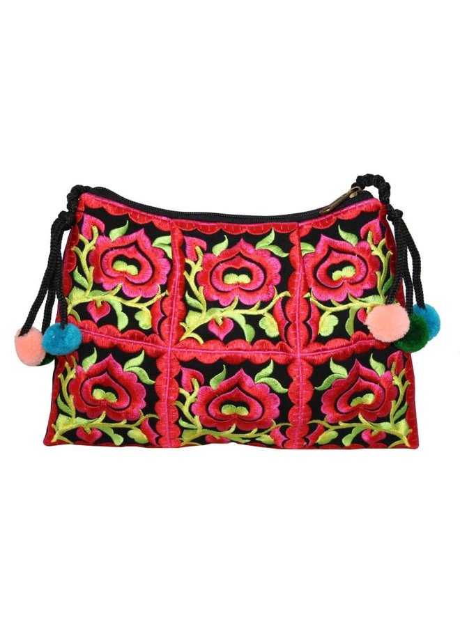 Bolso bordado floral con cremallera y correa rojo 134