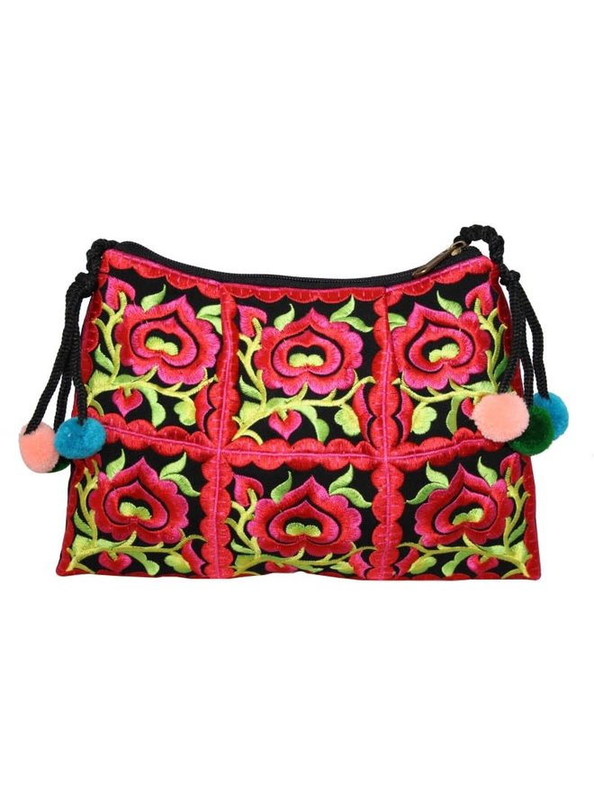 Embroidered floral zip and strap bag Red 134