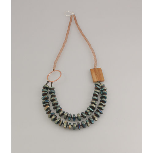 Melissa James Hematite and fosssil wood stone, sea glass with copper ring Necklace 79 Melissa James Hematite and fosssil wood stone, sea glass with copper ring Necklace 79