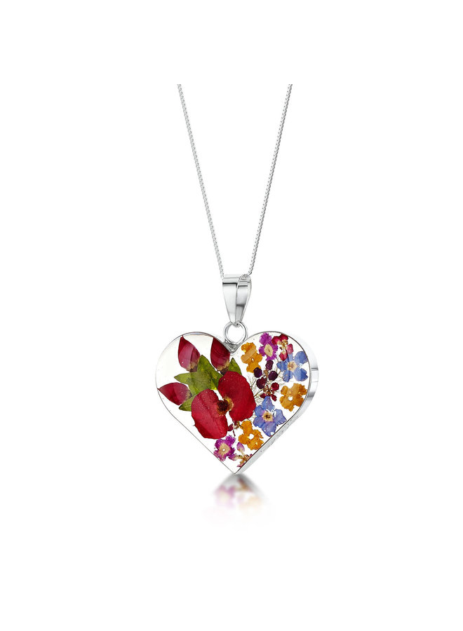 Heart medium mixed flower silver  necklace 107