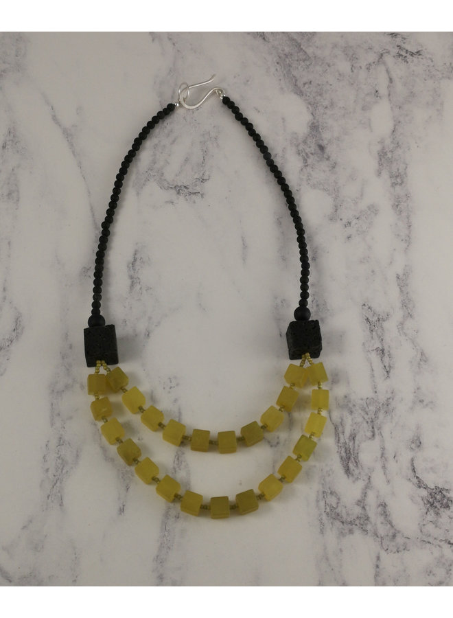 Olive Jade cube and lava stone Necklace 85
