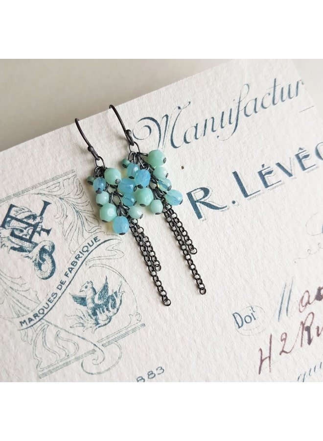 Cluster chain aqua and mint drop earrings 10