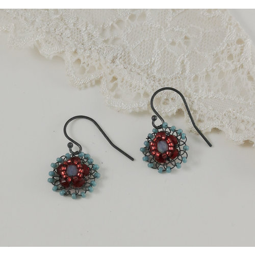 Judith Brown Flower aqua and red drop earrings 06 Judith Brown Flower aqua and red drop earrings 06
