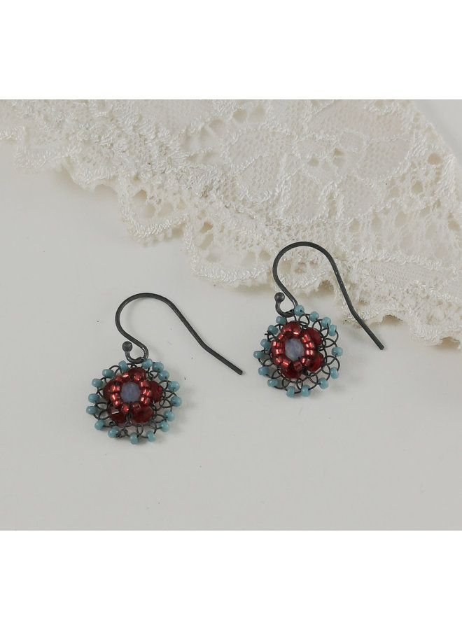 Flower aqua and red drop earrings 06