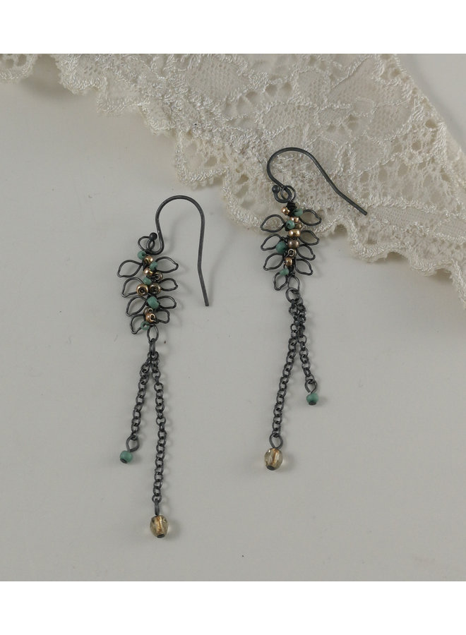 Leaf chain aqua and old gold drop earrings 07