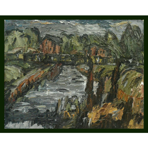 Barry De More Elland Canal Bridge with cottages oil 014 Barry De More Elland Canal Bridge with cottages oil 014